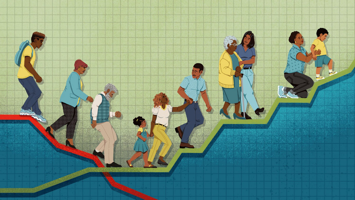 A backdrop of a graph with lines representing worsening and improving health outcomes. Black people move toward the positive trend leading to a better quality of life.