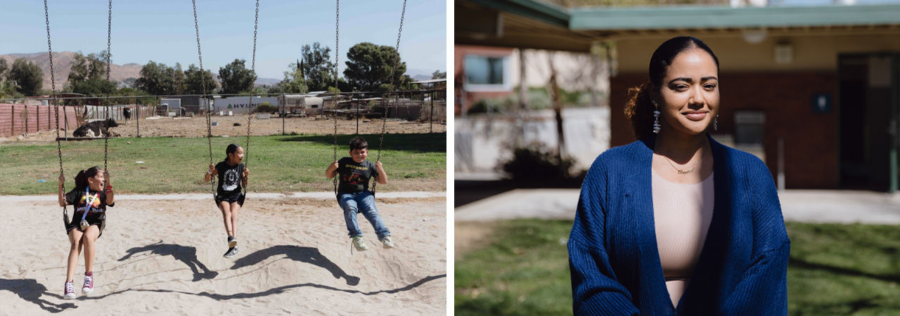 A collage showing students at play and a principal standing in front of her school. 