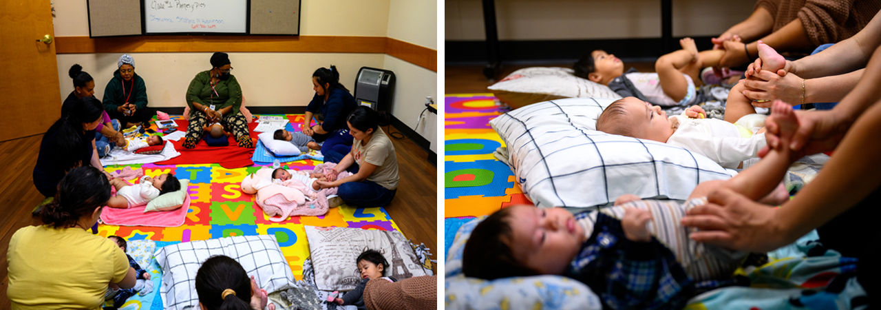 Mothers participate with their children in a baby massage class.