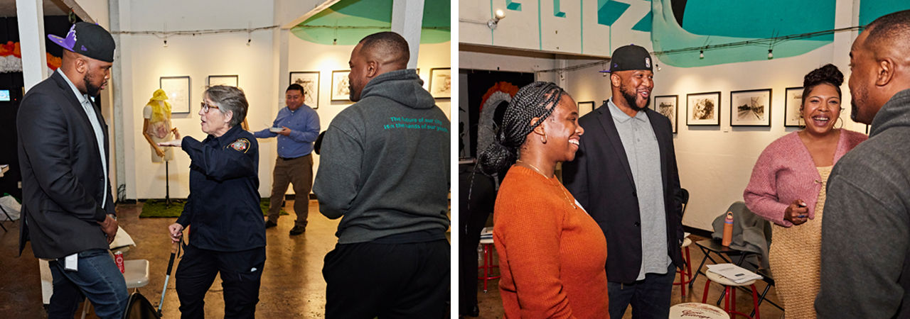 LEFT: Public Health Advocate and Director of Equity Justice, DeAngelo Mack, connects with Nia Moore Weathers, Manager of Training and Development at Youth Forward. RIGHT: Left to right, Josef Gray, Nia Moore Weathers, Monica Ruelas Mares, DeAngelo Mack, and Sarah-Michael Gaston connect at the Sac Kids First community meeting at Sol Collective on November 14th, 2024. Many coalitions for Sac Kids First are held in this community space. particularly children and youth most aﬀected y poverty, violence, and trauma.