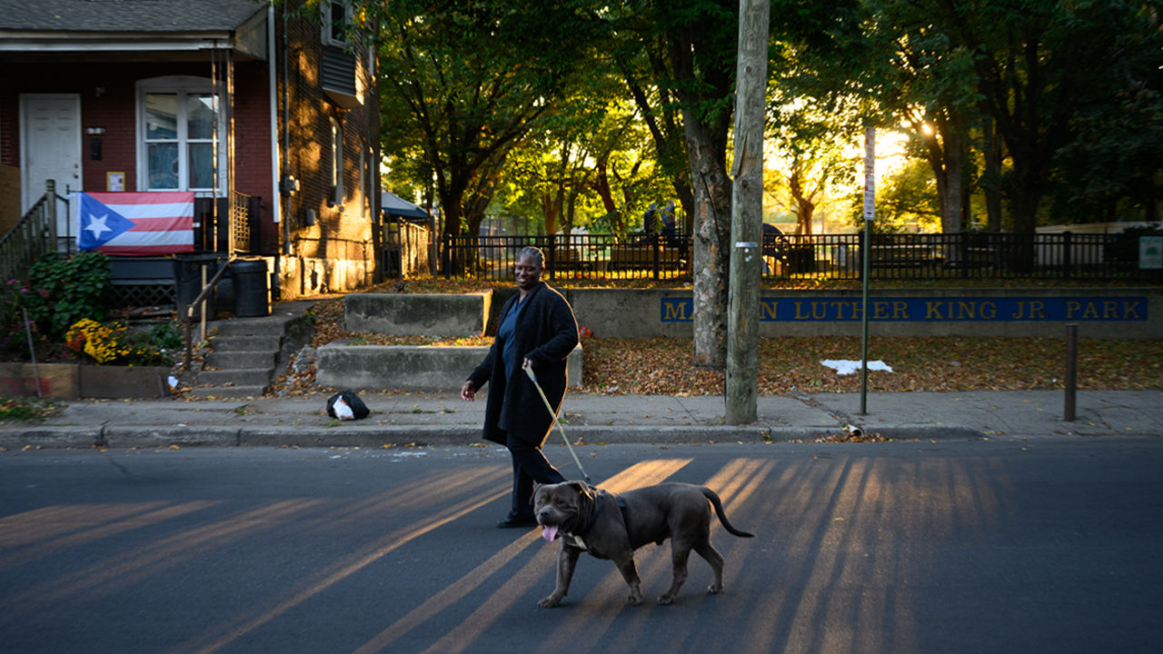 A woman walking her dog across a street.