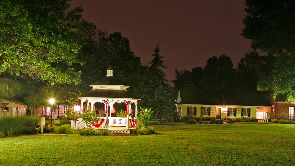 Gazebo featured in the evening on the Village Centre Green in Great Falls, Virginia.