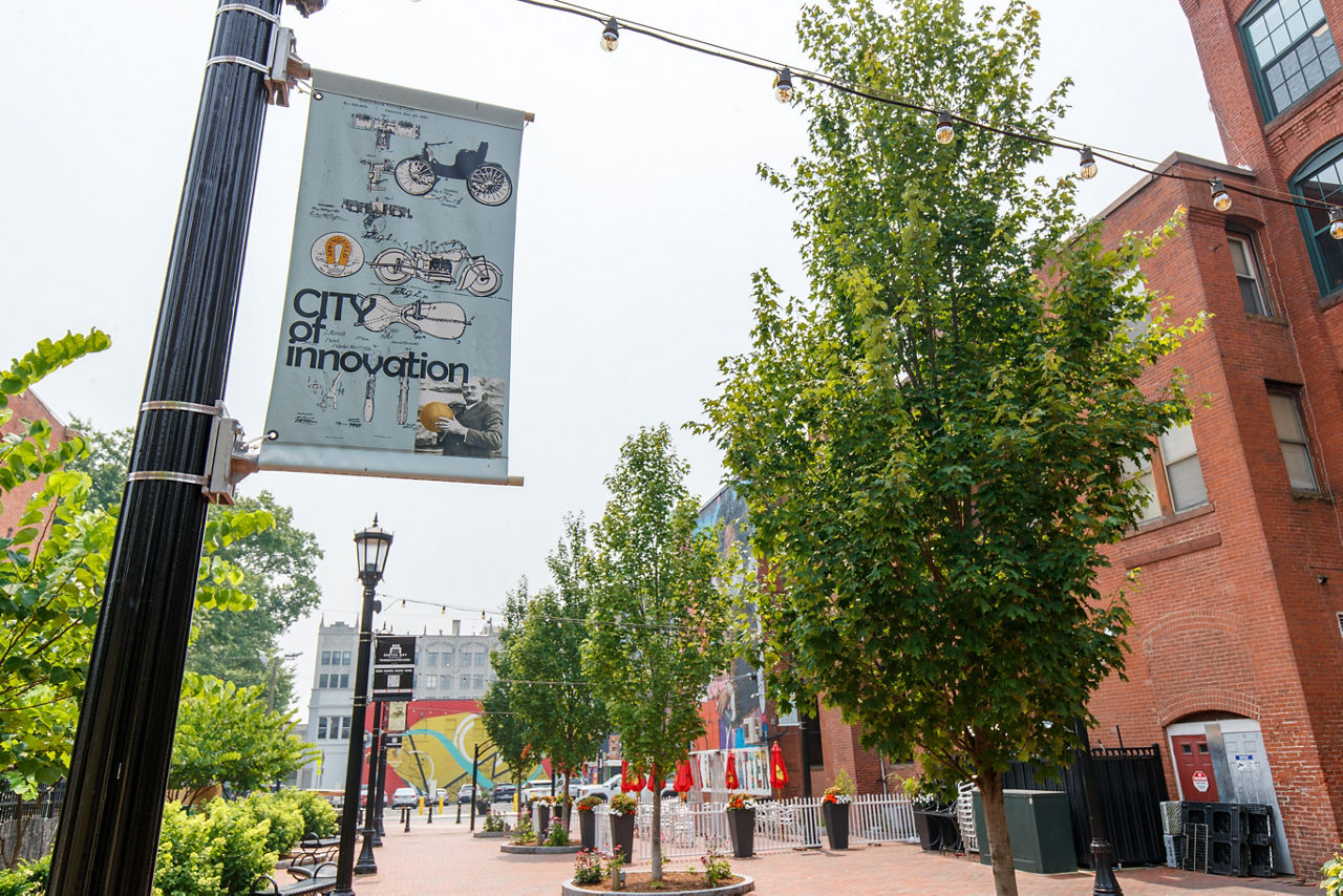 View of historic Duryea Way in downtown Springfield, MA.