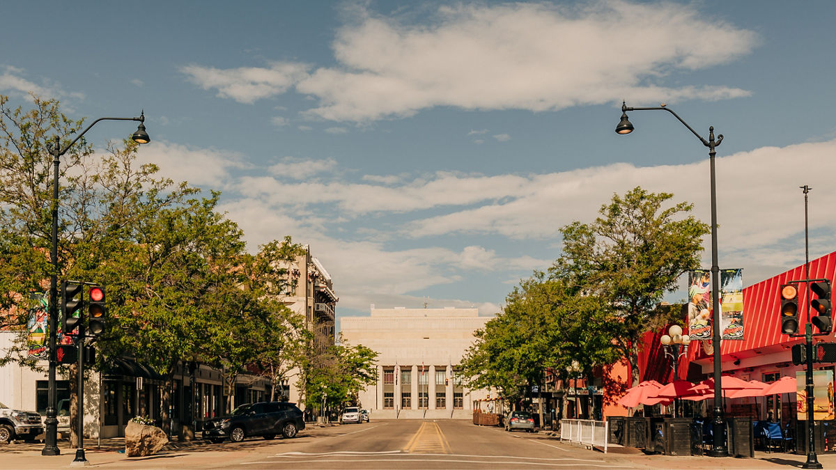 1st and Central downtown Great Falls, Montana, with the Civic Center in the distance.