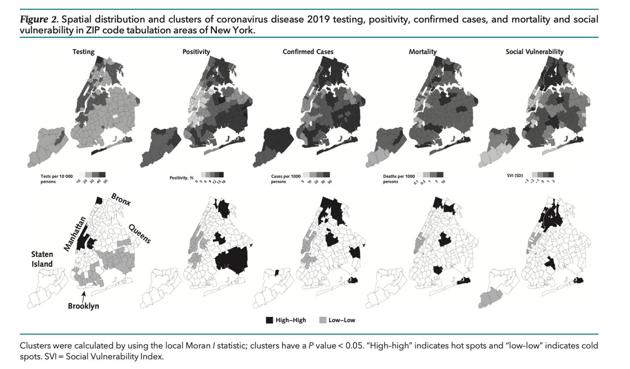 Spatial Distribution and Clusters of COVID in NY graphic.