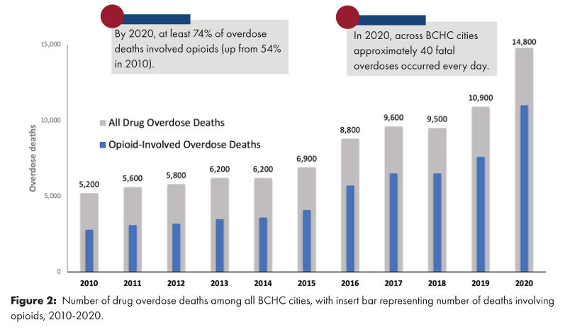 Number of drug overdose deaths among all BCHC cities.