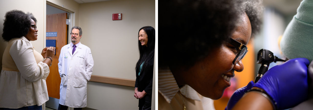 Medical professionals talking in a hallway; a staff member at a health center using an otoscope to demonstrate a patient exam.