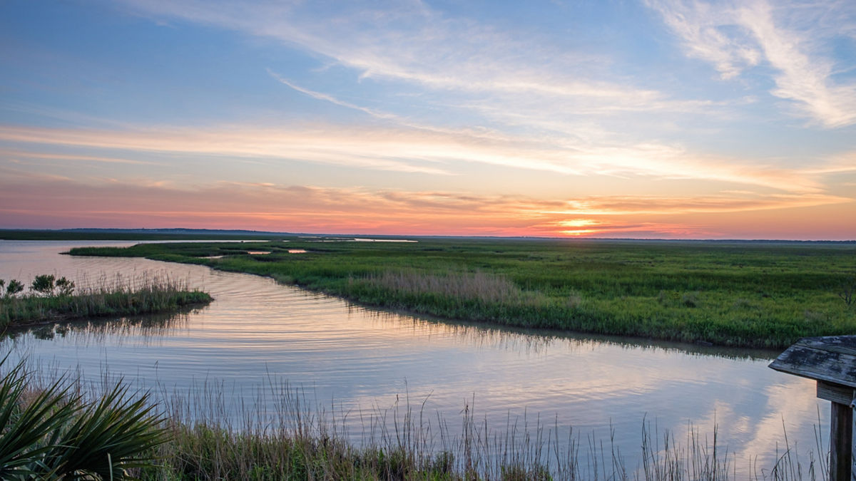 Sunrise over a waterway surrounded by tall grass.