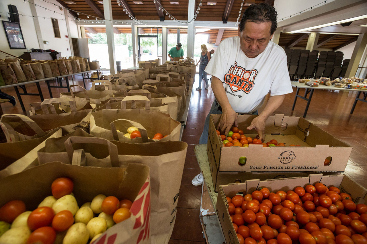 A volunteer helps to prepare bags of food for distribution.