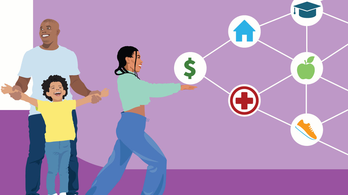 A family grasps economic opportunity, which is linked to stable housing, health care, access to education, and other hallmarks of well being. 
