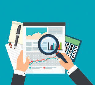 An illustration of a report sheet with a magnifying glass and a calculator..