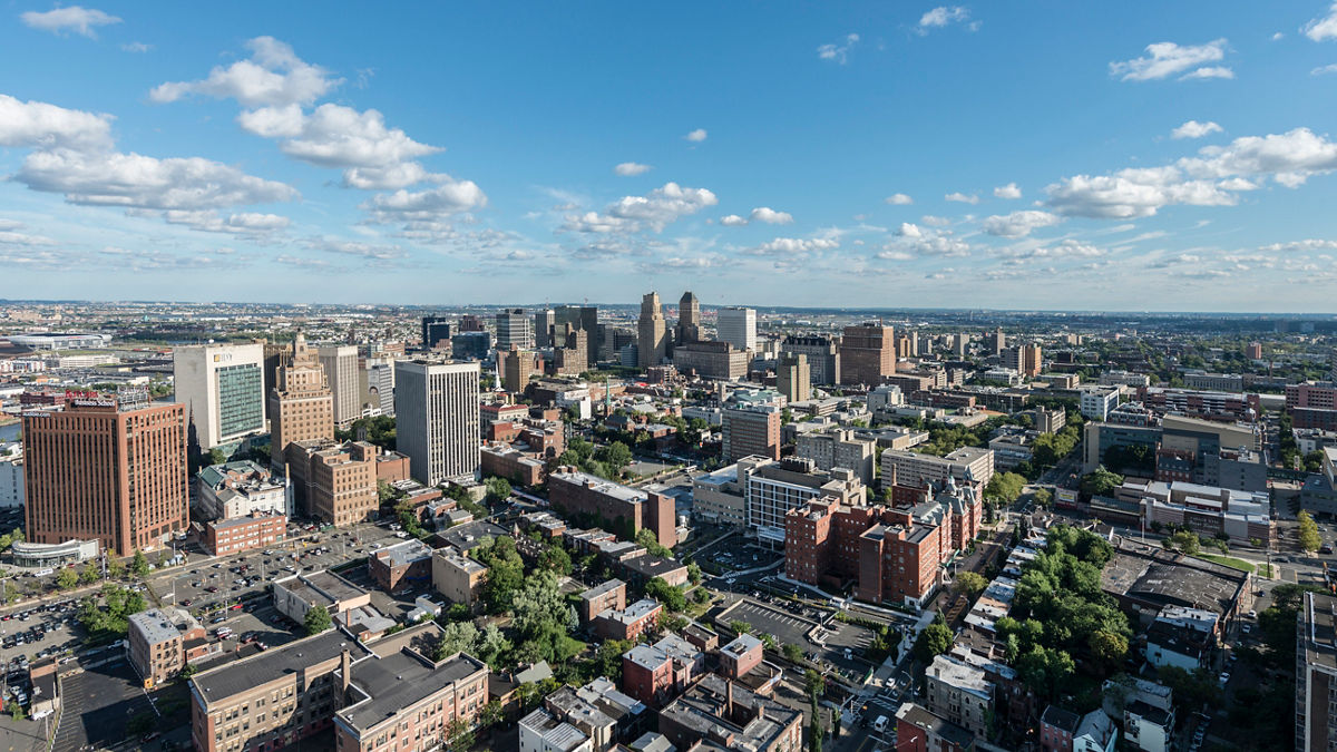 An aerial view of a city.