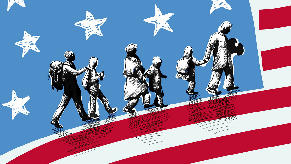 An illustration showing the inseparable imagery of the American flag and immigration.