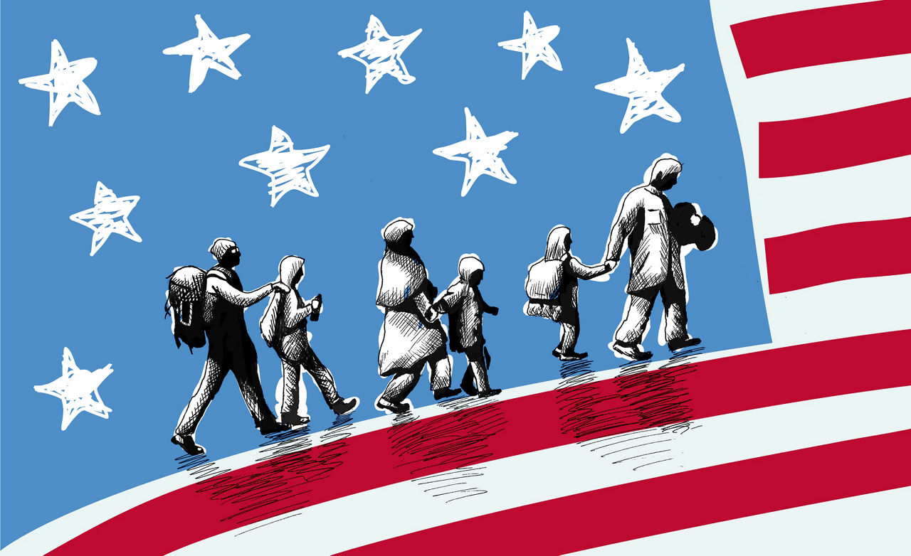 An illustration showing the inseparable imagery of the American flag and immigration.