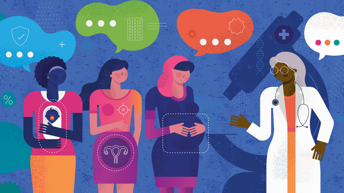 An illustration suggests that care should be collaborative, safe, and culturally inclusive through every stage of pregnancy.