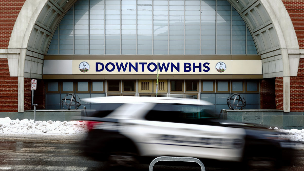 The entrance to the old Burlington High School which has since been closed down. 