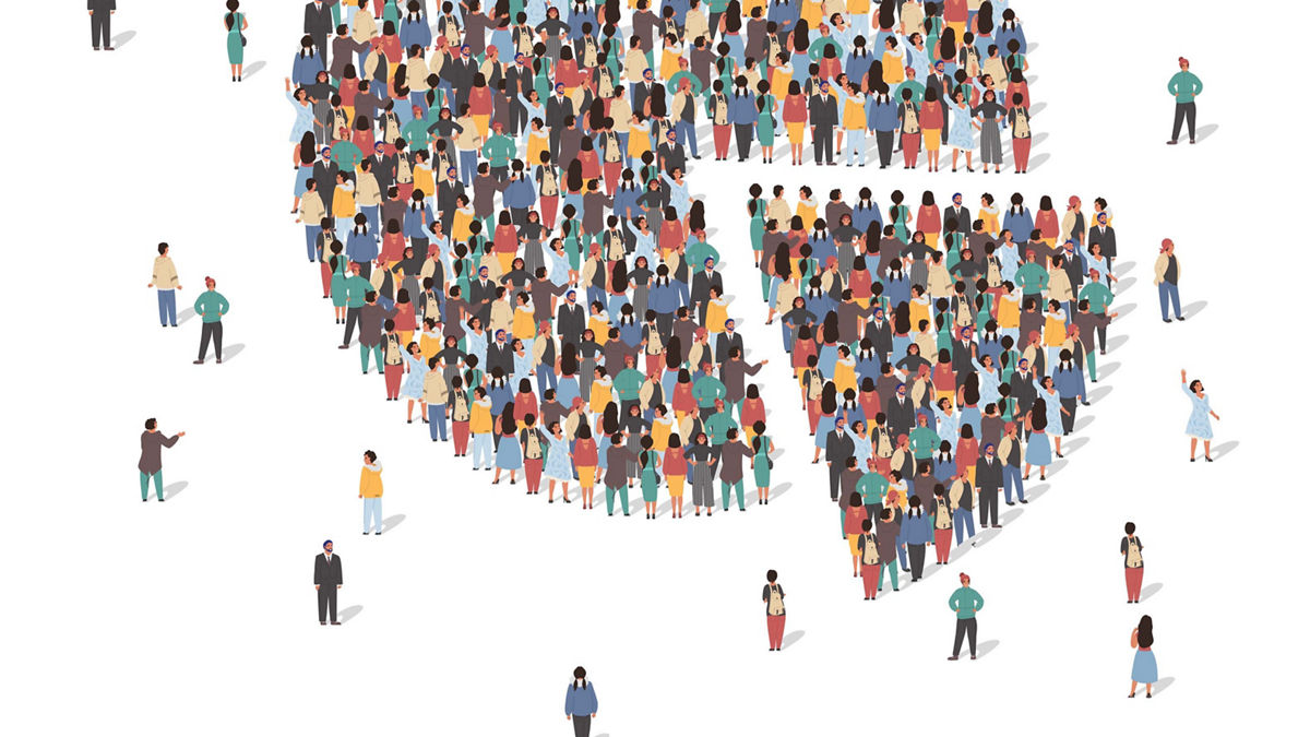 Large group of people forming pie chart standing together, flat vector illustration. People crowd gathering. Statistics, population demographics.