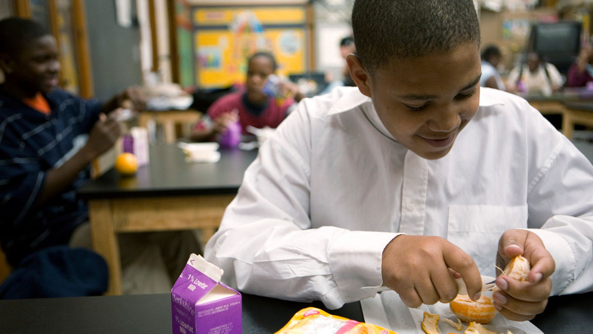 A student in a school participating in the Healthy Schools Program, part of the Alliance for a Healthier Generation, which increases opportunities for students to exercise and play, puts healthy foods and beverages in vending machines and cafeterias, and increases resources for teachers and staff to become healthy role models. recognizing schools that have made significant achievements. John Trix Elementary School, Detroit Alliance for a healthier generation