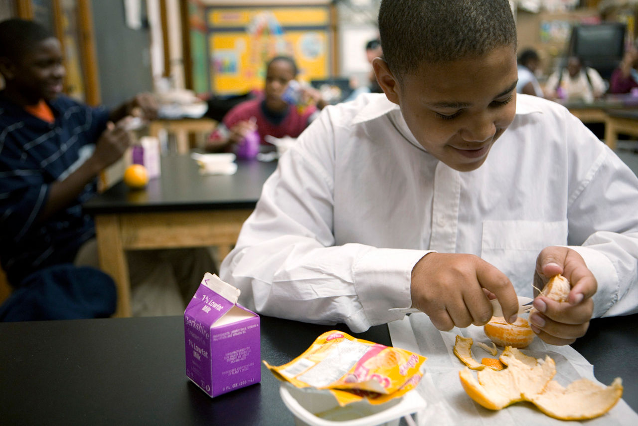 A student in a school participating in the Healthy Schools Program, part of the Alliance for a Healthier Generation, which increases opportunities for students to exercise and play, puts healthy foods and beverages in vending machines and cafeterias, and increases resources for teachers and staff to become healthy role models. recognizing schools that have made significant achievements. John Trix Elementary School, Detroit Alliance for a healthier generation