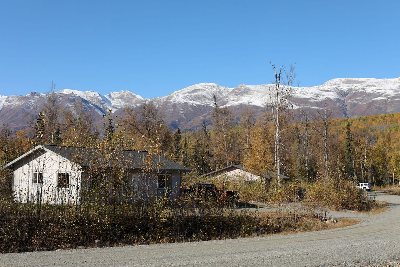 Landscape of snow-capped mountains, glaciers, and lush forests. 