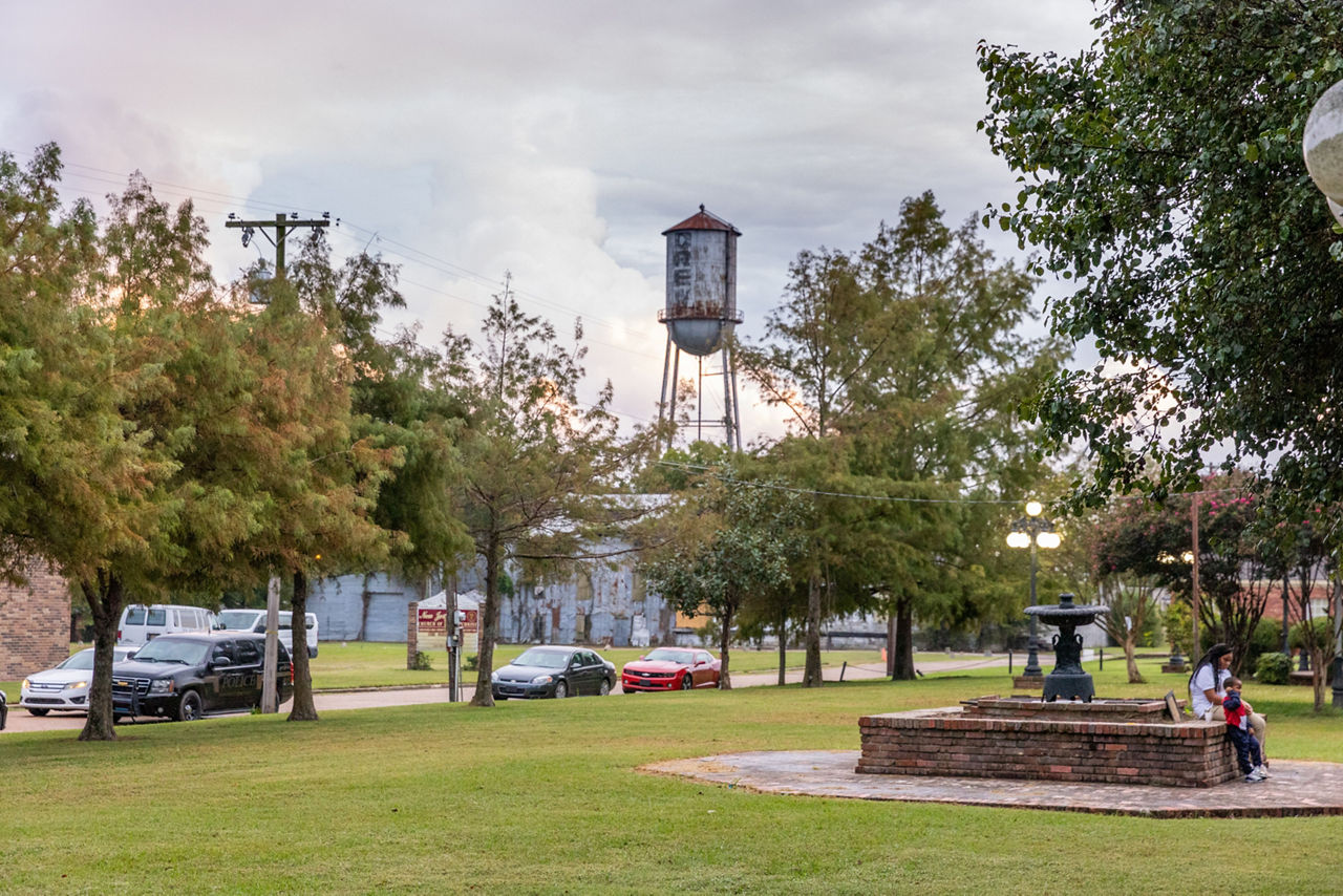 A view of a park and fountain. 