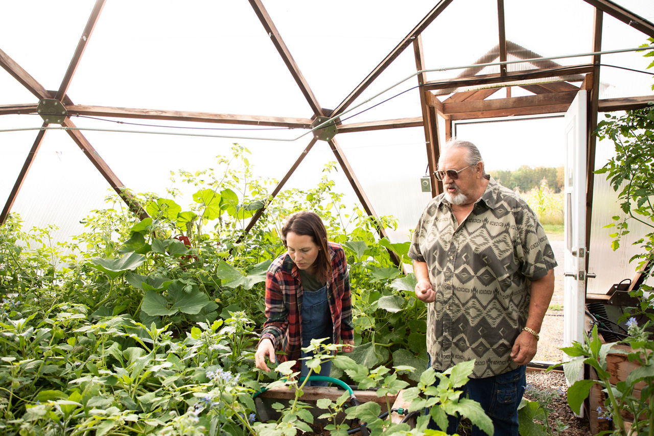 Two people inside a greenhouse looking at plants. 