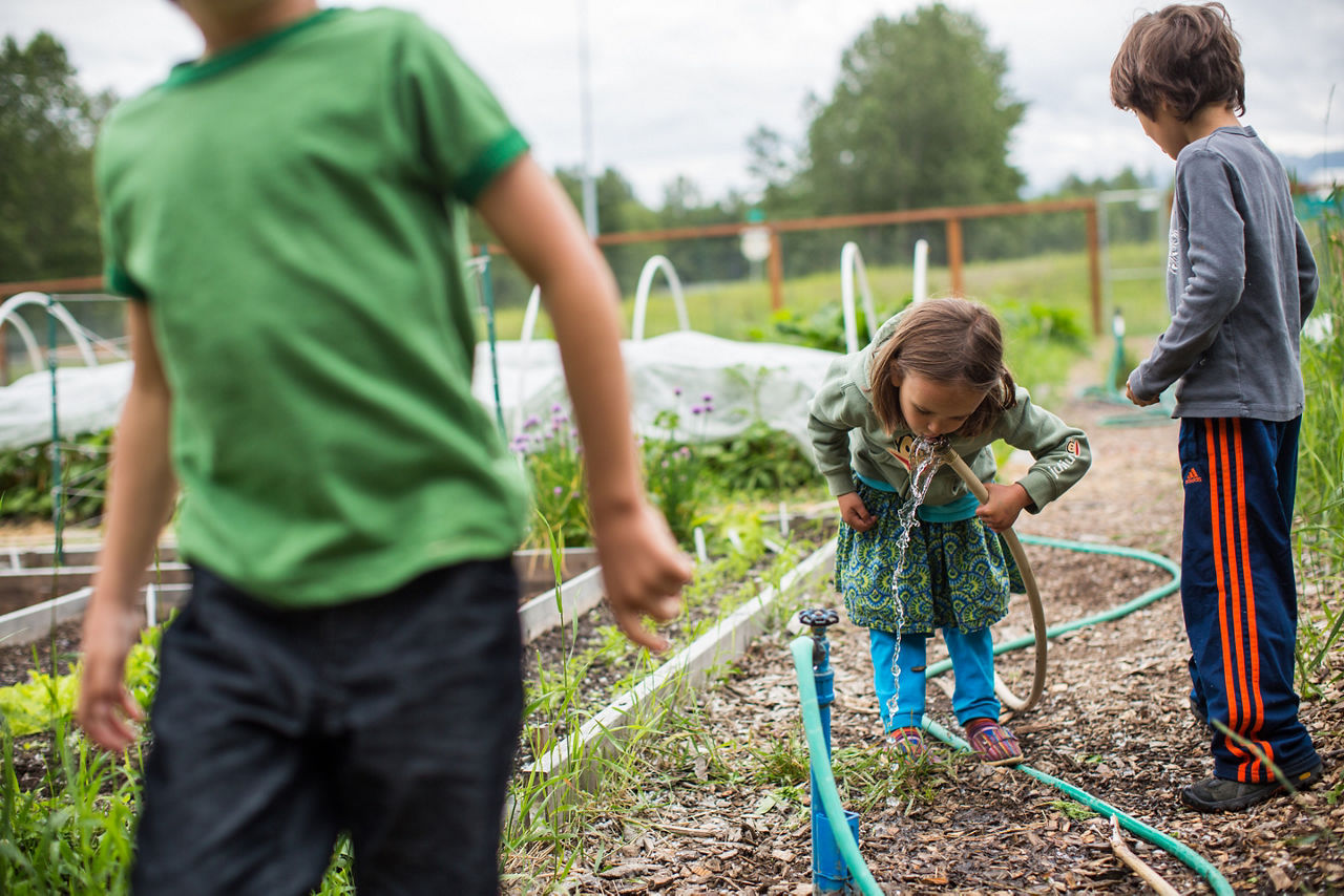 A girl drinking from a garden hose at a community garden.