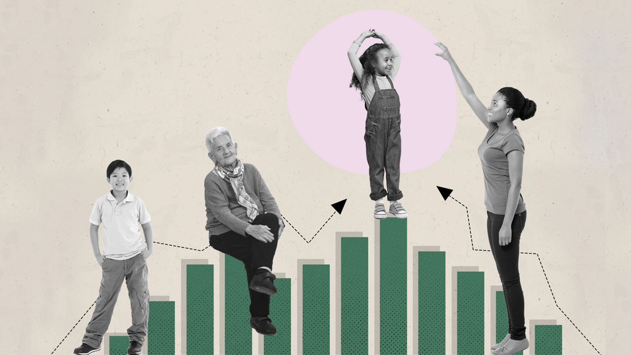 A montage showing people young and old with diverse backgrounds set in the context of a data graphic, thereby humanizing it. 