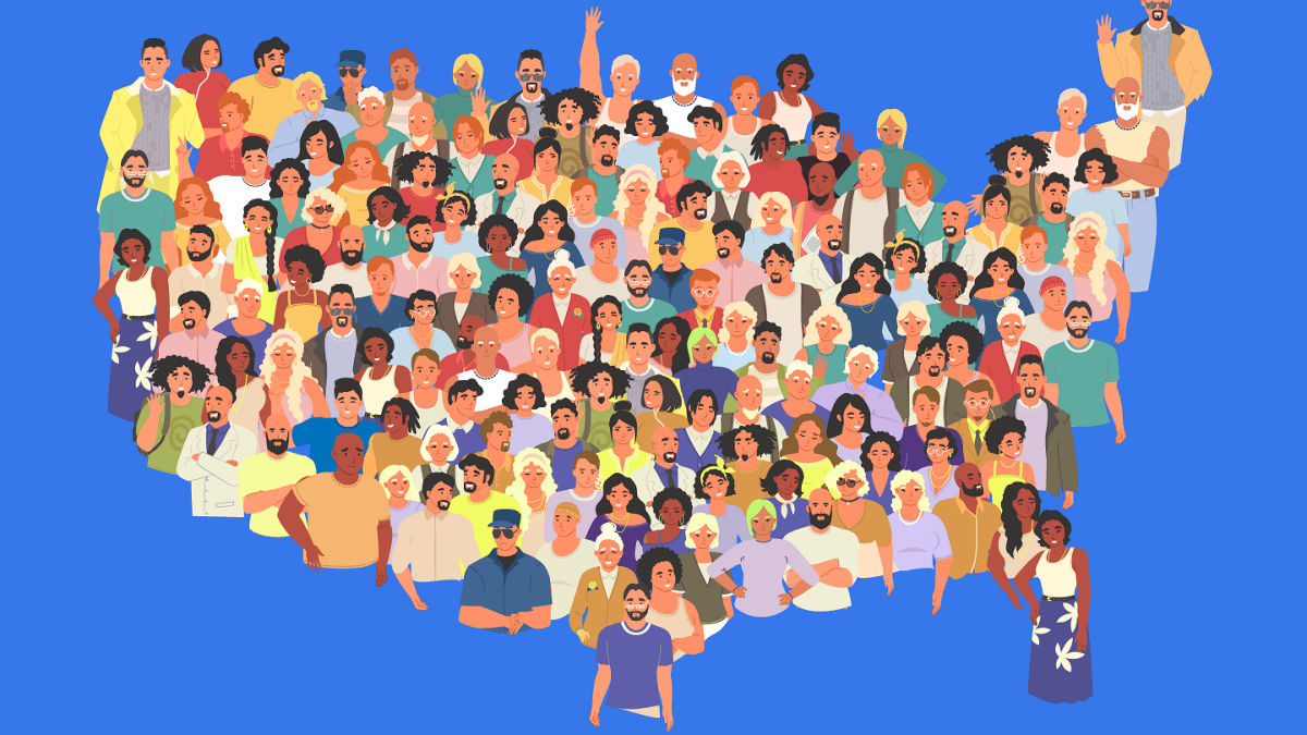 US map made up of a wide array of diverse people. 