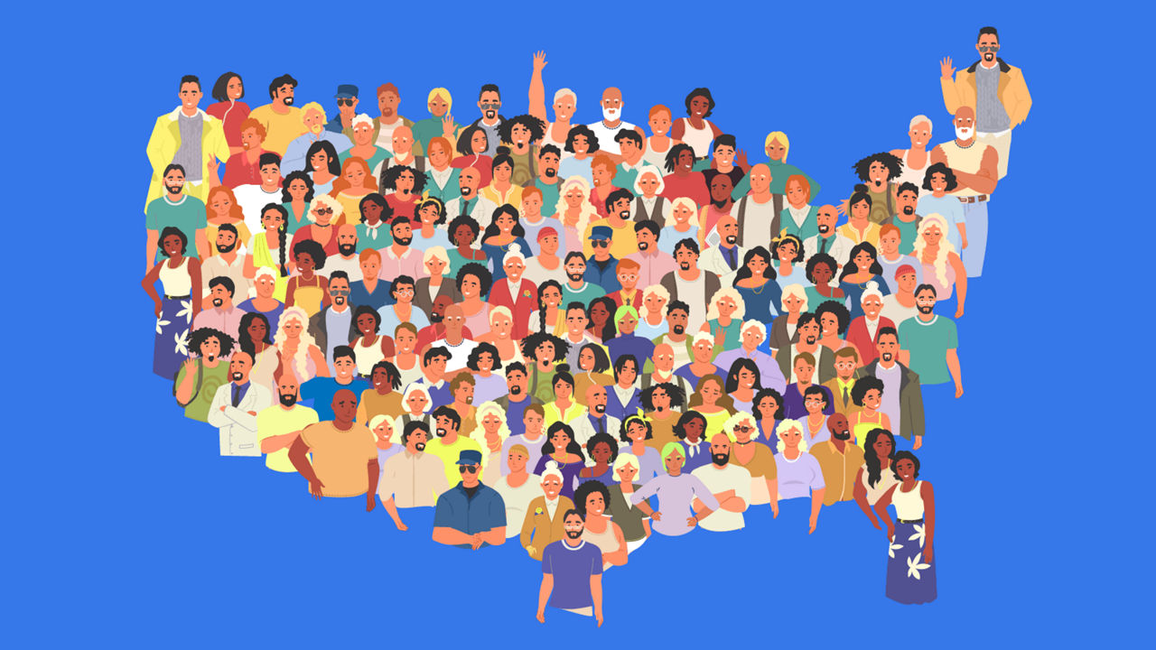 US map made up of a wide array of diverse people. 