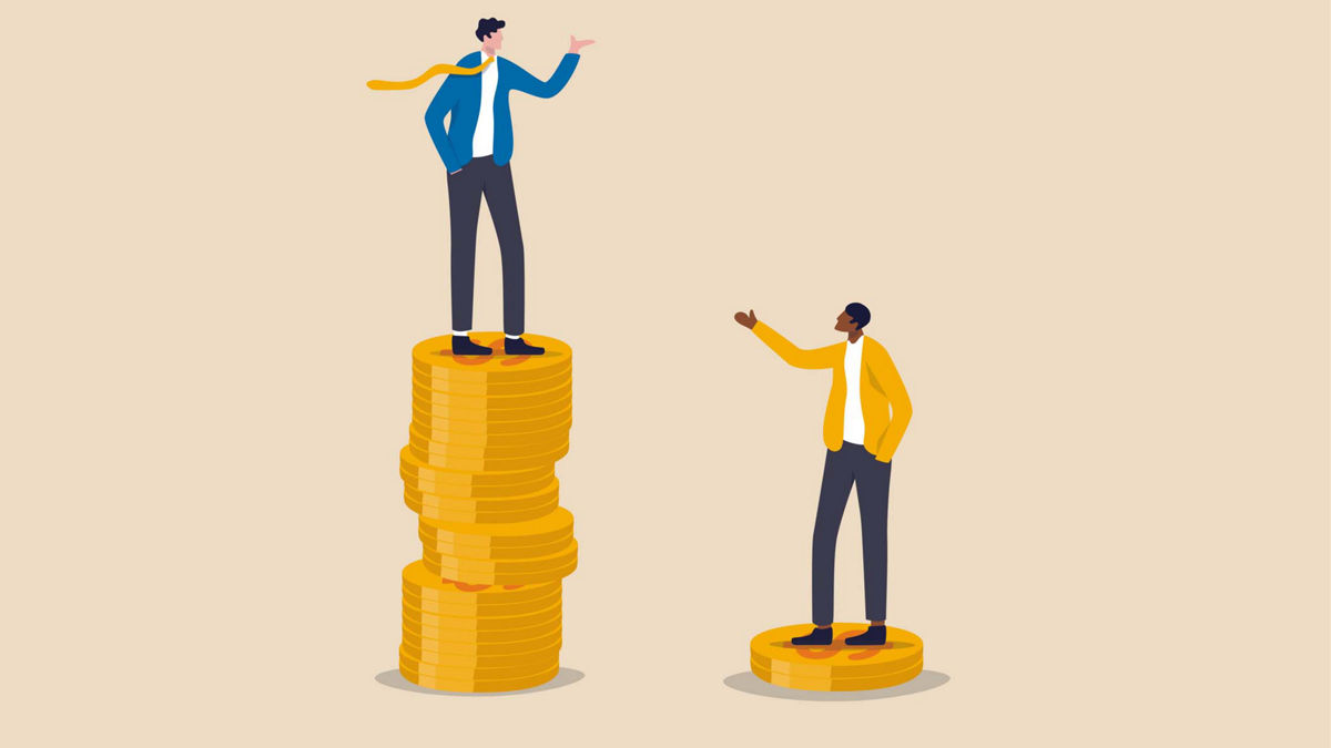Economic inequality, rich and poor gap, unfairness income, different money people being paid concept, white rich businessman standing on high salary coins tower with poor black man on low coins stack.