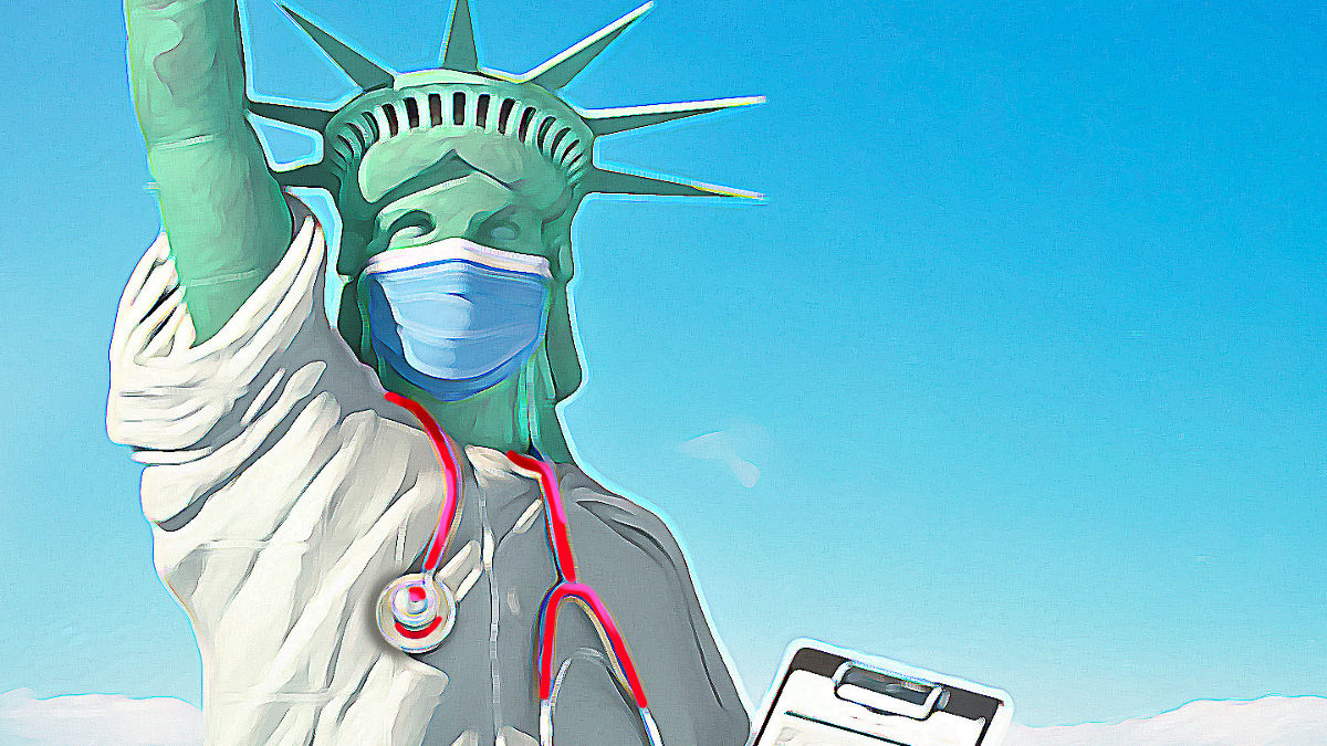 Statue of Liberty with mask and stethoscope illustration.