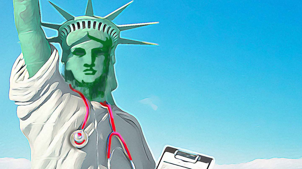 A conceptual image of Lady Liberty wearing a doctor's coat, stethoscope, and holding a medical chart, conveying that America cares about immigrant health.