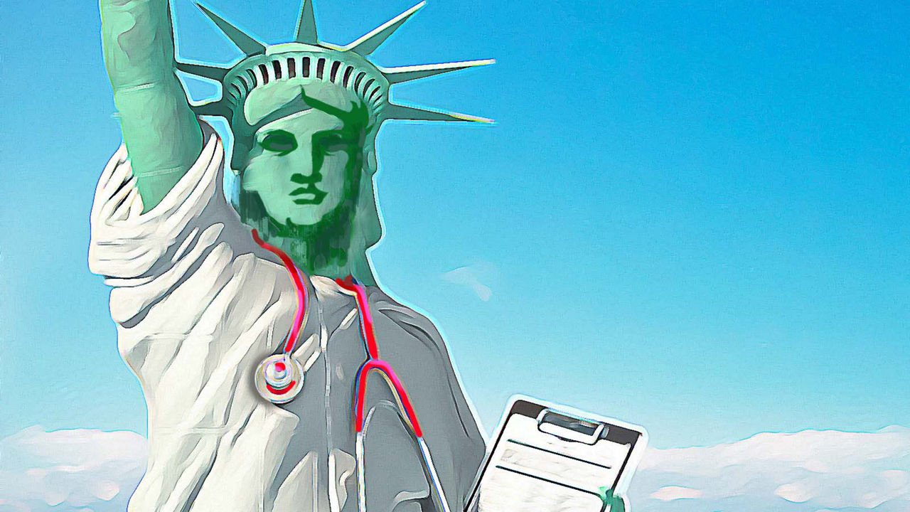 A conceptual image of Lady Liberty wearing a doctor's coat, stethoscope, and holding a medical chart, conveying that America cares about immigrant health.