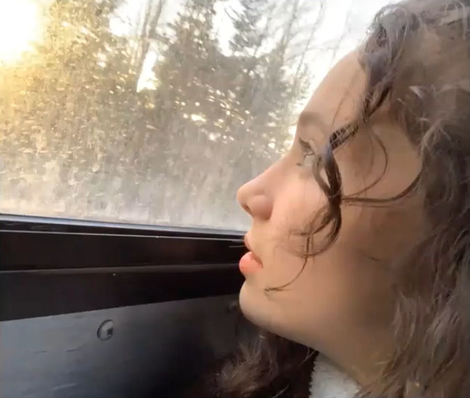 A young girl looks out of vehicle window at landscape. 