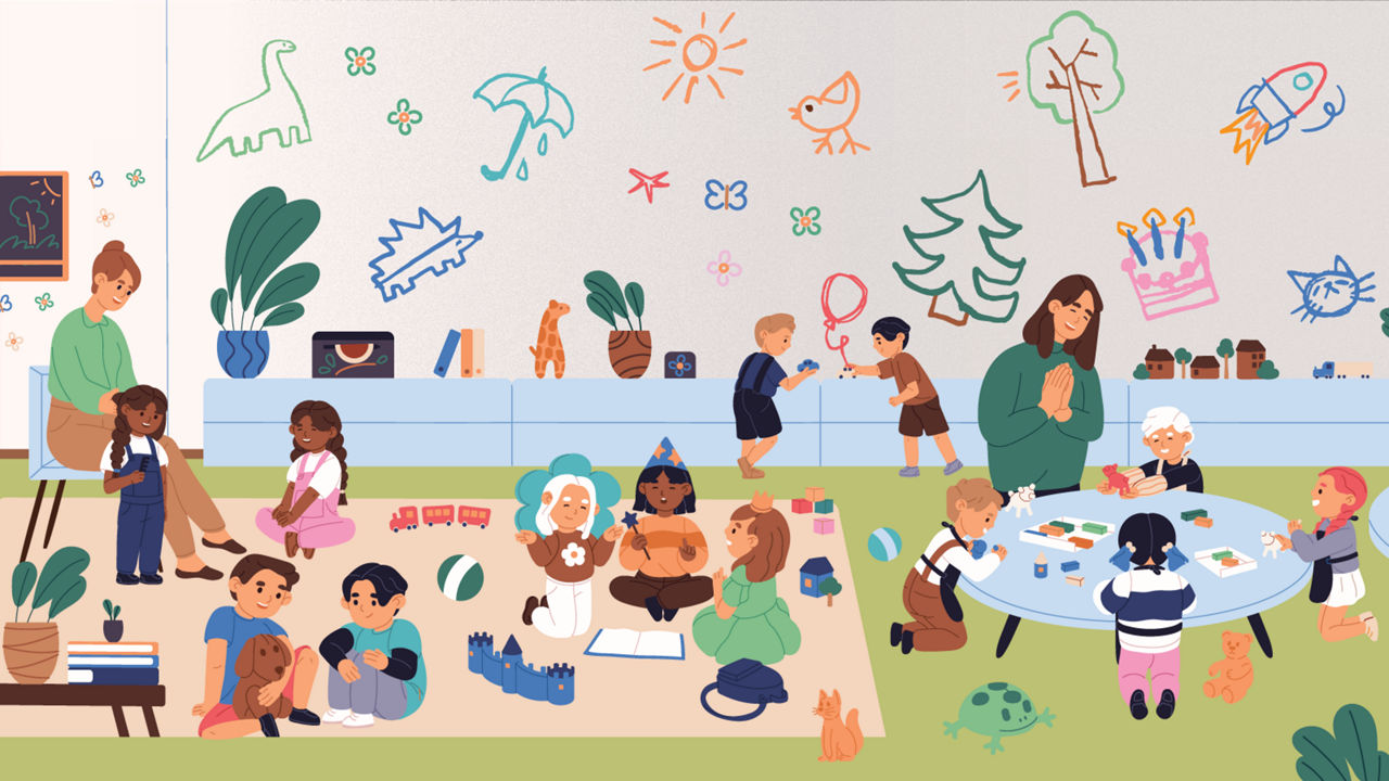 A vibrant child care center where every child is engaged in activity