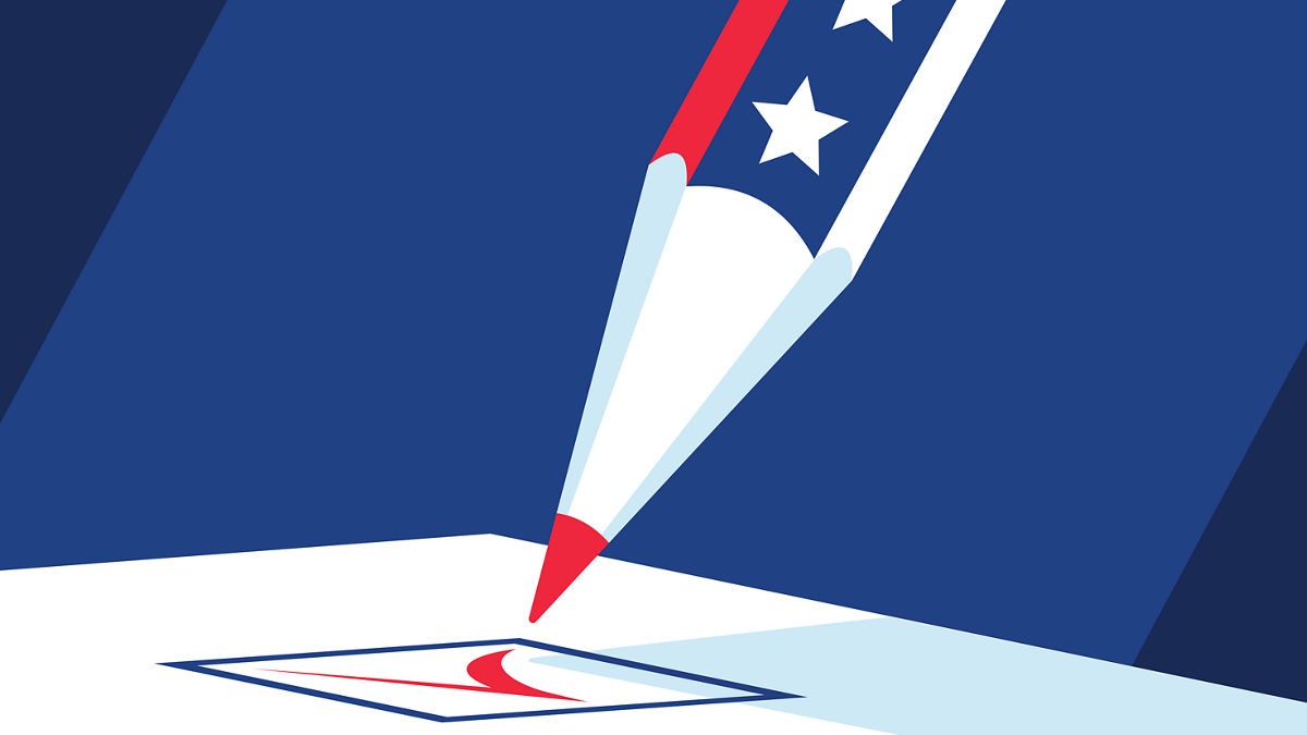 Red, white, and blue graphic of a pencil checking a box, symbolizing voting as a vital political determinant of health.
