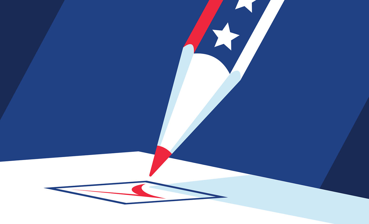 Red, white, and blue graphic of a pencil checking a box, symbolizing voting as a vital political determinant of health.
