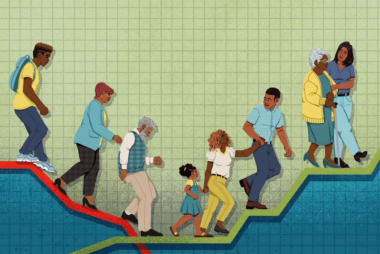 A backdrop of a graph with lines representing worsening and improving health outcomes. Black people move toward the positive trend leading to a better quality of life.