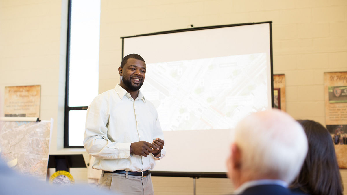 Downtown Gaffney, South Carolina 2016. Visitors Center. Gaffney Pedestrian Planning Meeting.  Daniel Foster leading the room / meeting.