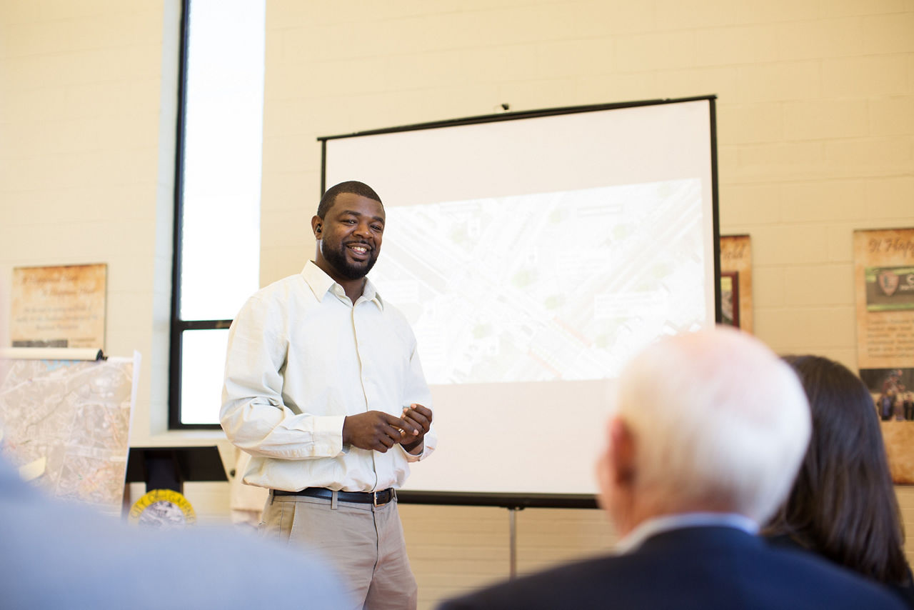 Downtown Gaffney, South Carolina 2016. Visitors Center. Gaffney Pedestrian Planning Meeting.  Daniel Foster leading the room / meeting.