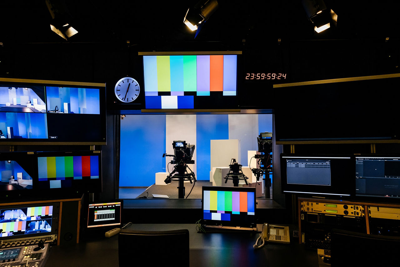 TV and video equipment in a university studio for student use.